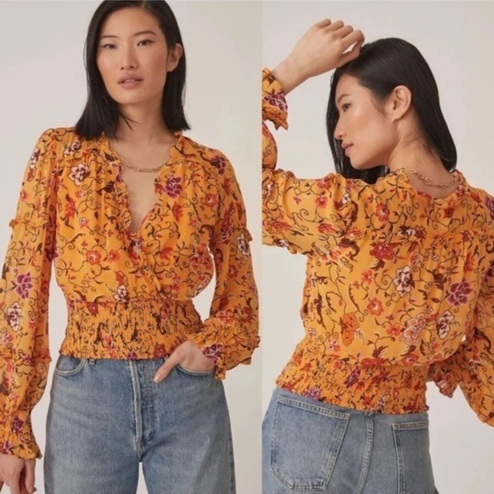 Anthropologie golden flower printed ruffle blouse cotton